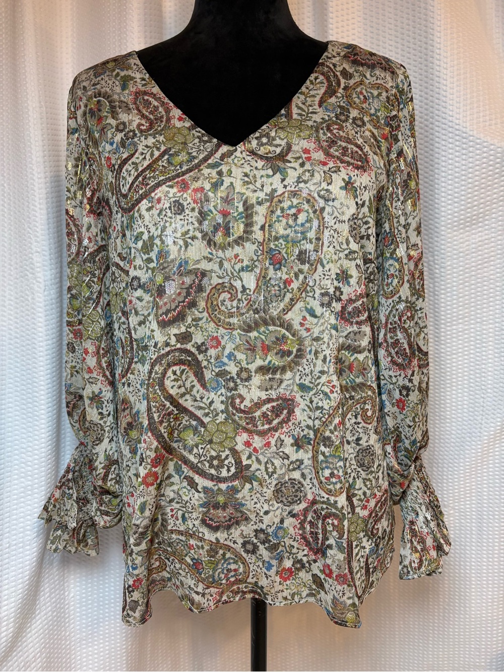 I. State V-neck Paisley Print Blouse Blouson Sleeves Boho Size M